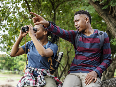 People bird watching in a park